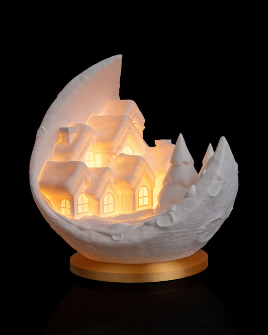 Village on the Moon Table Lamp — 3D Printed Lunar Winter Village Light with LED Glow
