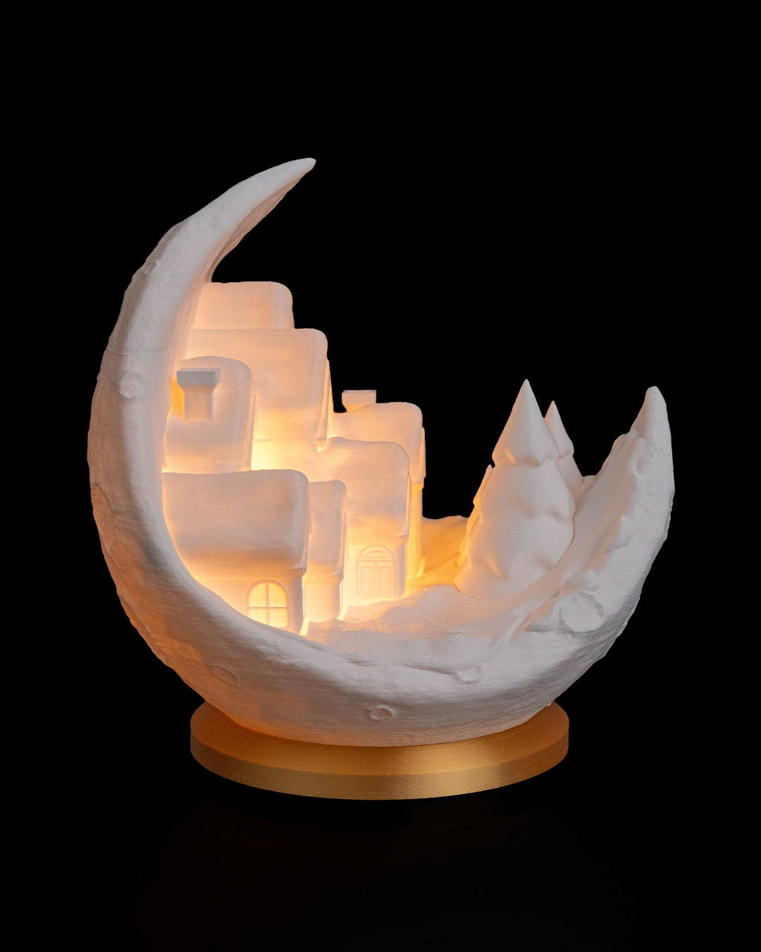 Village on the Moon Table Lamp — 3D Printed Lunar Winter Village Light with LED Glow