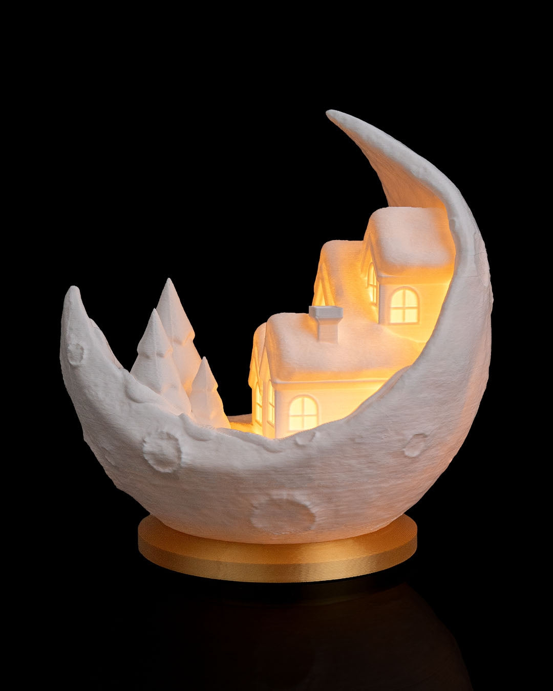 Village on the Moon Table Lamp — 3D Printed Lunar Winter Village Light with LED Glow